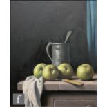CHRISTOPHER CAWTHORN (20TH CENTURY) - Still life with apples and pewter jug, oil on canvas,