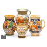 Four pieces of Charlotte Rhead for Crown Ducal comprising a vase and a flower jug decorated in the