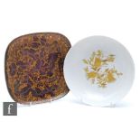 A Rosenthal Studio Line square dish or hanging plate decorated with a purple and gold marble effect,