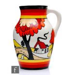 A boxed Wedgwood Clarice Cliff hand painted single handled lotus jug decorated in the House and