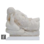 A late 19th Century carved alabaster recumbent female figure, three-quarter length, weathered