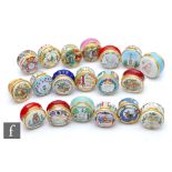 Nineteen assorted Halcyon Days enamel pill or trinket boxes, designs include Halloween, Christmas,