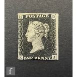 An 1840 1d black K-J, two margins, of superficially unused appearance, hinge residue to the reverse,