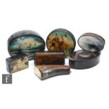 A collection of assorted papier mache and cattle horn snuff boxes, to include an oval papier mache