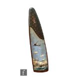 A trench art painted propeller blade with riveted copper tip and painted with a British mono plane