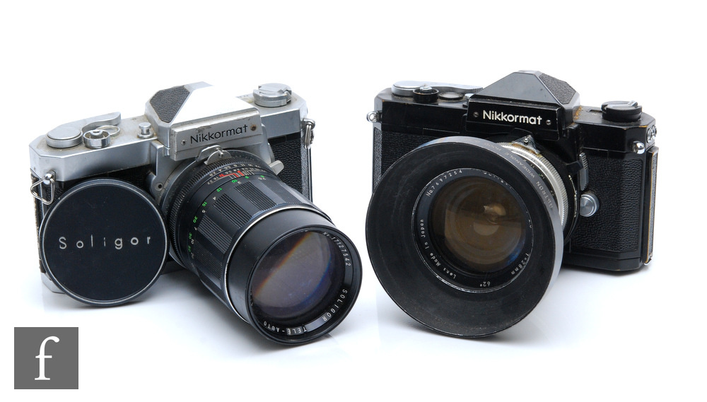 A Nikon Nikkormat SLR camera numbered FT 4393184, with Soligor Tele-Auto 1:2.8 f=135mm lens No.