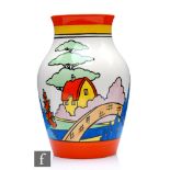 A boxed Wedgwood Clarice Cliff Isis vase decorated in the Orange Roof Cottage pattern, printed mark,