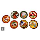 Seven assorted Wedgwood Clarice Cliff Bradford Exchange wall plates decorated in the Orange House,