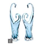 A pair of large mid 20th Century Czechoslovakian glass vases, of wrythen form with pulled and looped