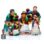 Six Royal Doulton figures comprising Balloon Boy HN2934, The Old Balloon Seller HN1315, Balloon Girl