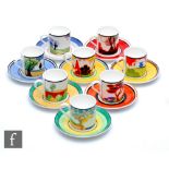 Eight Wedgwood Clarice Cliff coffee cans and saucers decorated in the May Avenue, Blue Firs,