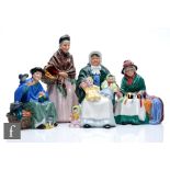Four Royal Doulton figurines comprising The Orange Lady HN1759, The Rag Doll Seller HN2944, Silks