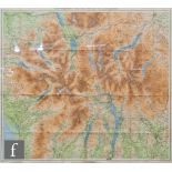 A framed copy of Bartholomew's one inch map of the Lake District, with handwritten annotations to