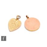 Two early 20th Century 9ct lockets, a heart shape with foliate engraved decoration and a plain