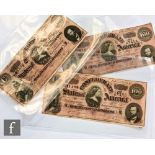 Three American Confederate One hundred dollar bills, Richmond February 17th 1864, Nos 51502, 51580