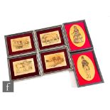 A set of four hallmarked silver etchings of shire horses at work, each framed, with two similar