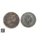 A George III Bank of England 1804 dollar, small crack to reverse, 26.9g, and a fake 1818 crown. (2)