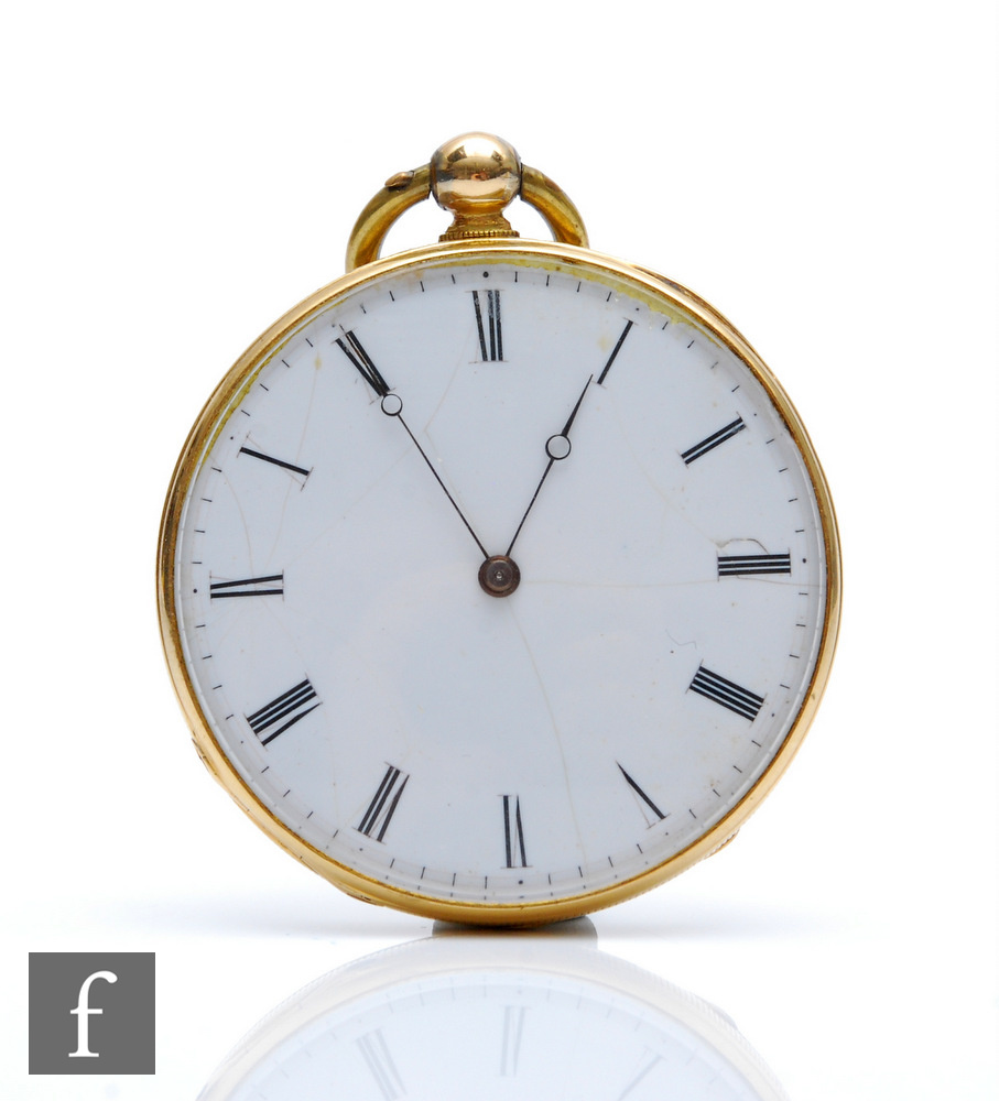 A 19th Century 18ct continental open faced key wind dress pocket watch, Roman numerals to a white