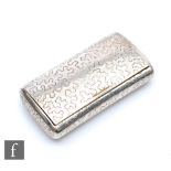 A George III hallmarked silver cushioned rectangular snuff box with seaweed engraved decoration to