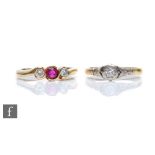 A 9ct hallmarked ruby and diamond three stone ring, weight 2.8g, ring size P, with an 18ct diamond