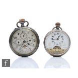An early 20th Century gun metal calendar crown wind pocket watch, Arabic numerals and moon phase