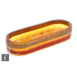 A Moser Oroplastic deep golden amber crystal glass shallow pen tray or dish circa 1920-25, the