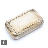 A George III hallmarked silver snuff box with linear decoration, weight 65g, length 7.5cm,