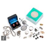 A pair of 9ct red stone and split pearl stud earrings with assorted 9ct and other earrings, silver