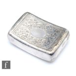 A hallmarked silver cushioned rectangular tobacco box with engraved foliate decoration to hinged lid