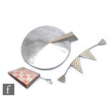 Three pieces of modernist white metal jewellery comprising a large pin of circular form with a