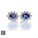 A pair of 18ct white gold sapphire and diamond stud earrings, oval central cornflower blue sapphire,