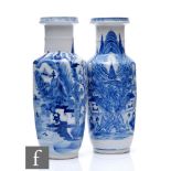 A matched pair of late Qing Dynasty (1644-1912) blue and white rouleau vases, each with a similar
