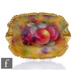 A Royal Worcester Fallen Fruits rounded rectangular dish decorated by Ayrton with hand painted