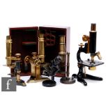 A 19th Century brass microscope by M Pillischer London, no 3260, cased and four other 20th Century