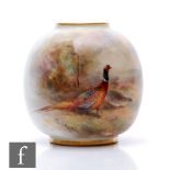 A small Royal Worcester shape 2491 vase of ovoid form panel decorated by James Stinton with a hand
