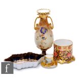 Four pieces of early 20th Century cabinet china comprising a Royal Crown Derby pedestal vase, a