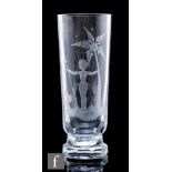 A 20th Century Scandinavian clear crystal glass vase of cylinder form, engraved with figure