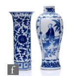 Two Chinese blue and white vases, to include a meiping example with alternating panels of birds in