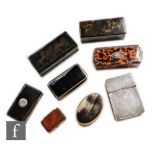 A collection of 19th Century papier mache snuff boxes including simulated tortoiseshell,