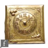 An Arts and Crafts pendulum wall clock, the 11 inch square brass repousse work dial detailed with