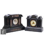 Two late Victorian slate mantle clocks in the classical style, open anchor escapement. (2)