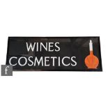 A 20th Century illuminated pictorial display sign 'Wines Cosmetics', later black painted frame and