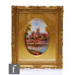 A framed Royal Worcester plaque hand painted by Rushton with a scene of Worcester Cathedral, signed,