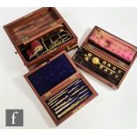 A Victorian mahogany cased shock machine, a cased hydrometer set and a cased set of drawing