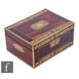 A 19th Century brass inlaid rosewood work box with two handled lift out tray, recessed carrying