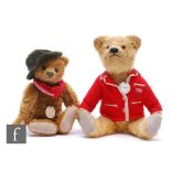 Two Teddy Bears of Witney teddy bears, Tom, golden mohair, amber and black eyes, wearing red jacket,