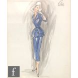 FRENCH SCHOOL (20TH CENTURY) - An early 1950s fashion illustration depicting a lady wearing an