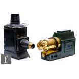 A late 19th Century brass and green painted magic lantern converted to electricity and a similar