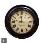 A late 19th Century mahogany cased circular wall clock with single fusee movement, the painted
