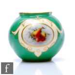 A small Royal Worcester shape G161 ovoid vase decorated with a hand painted cartouche by Sebright